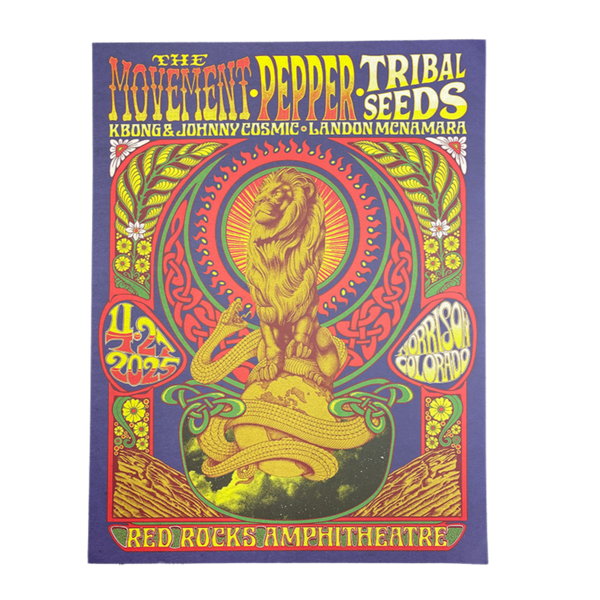 Colorful concert poster with a lion and snake design, featuring text about 'The Movement Pepper Tribal Seeds' at Red Rocks Amphitheatre.